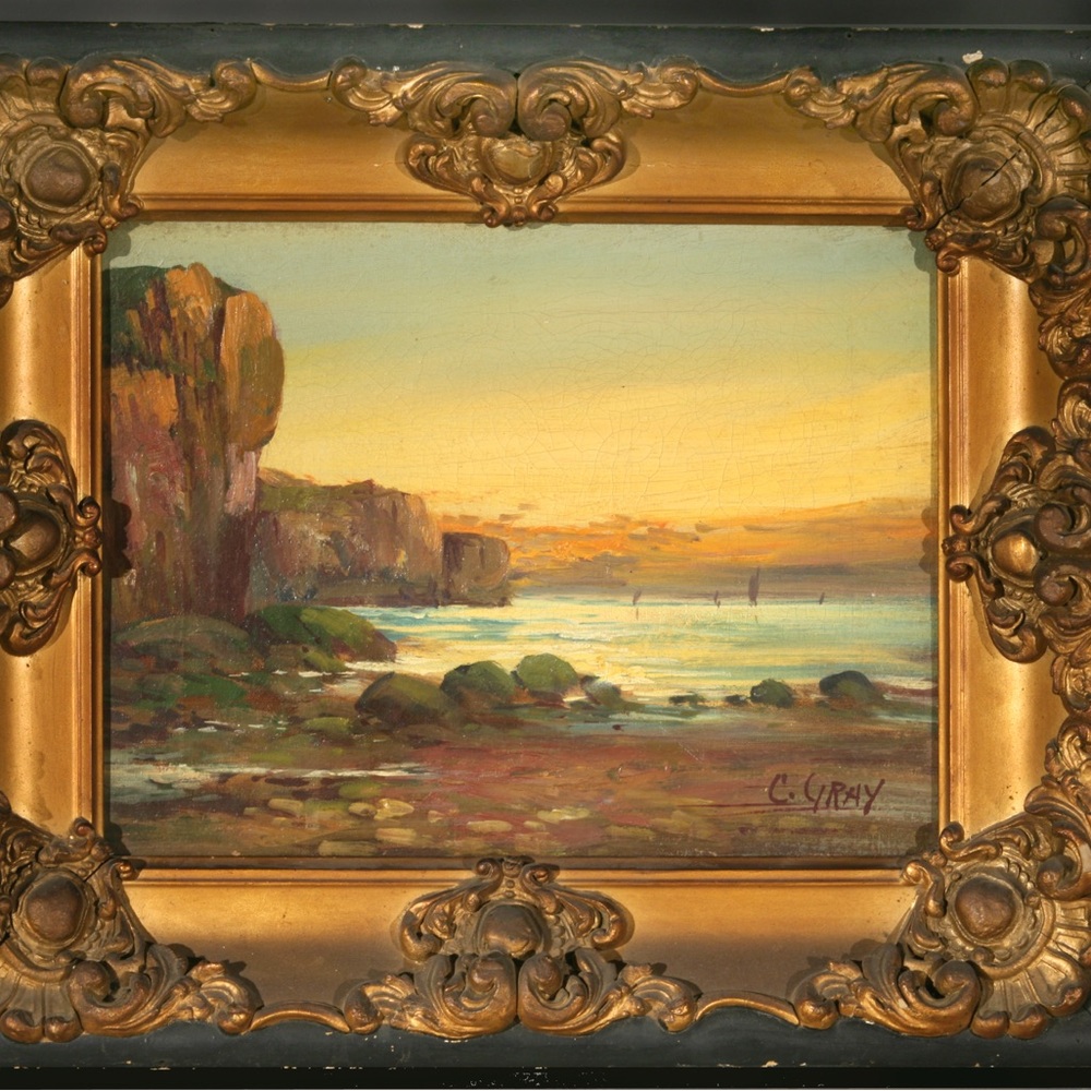 Golden California Framed Coastal Landscape Painting